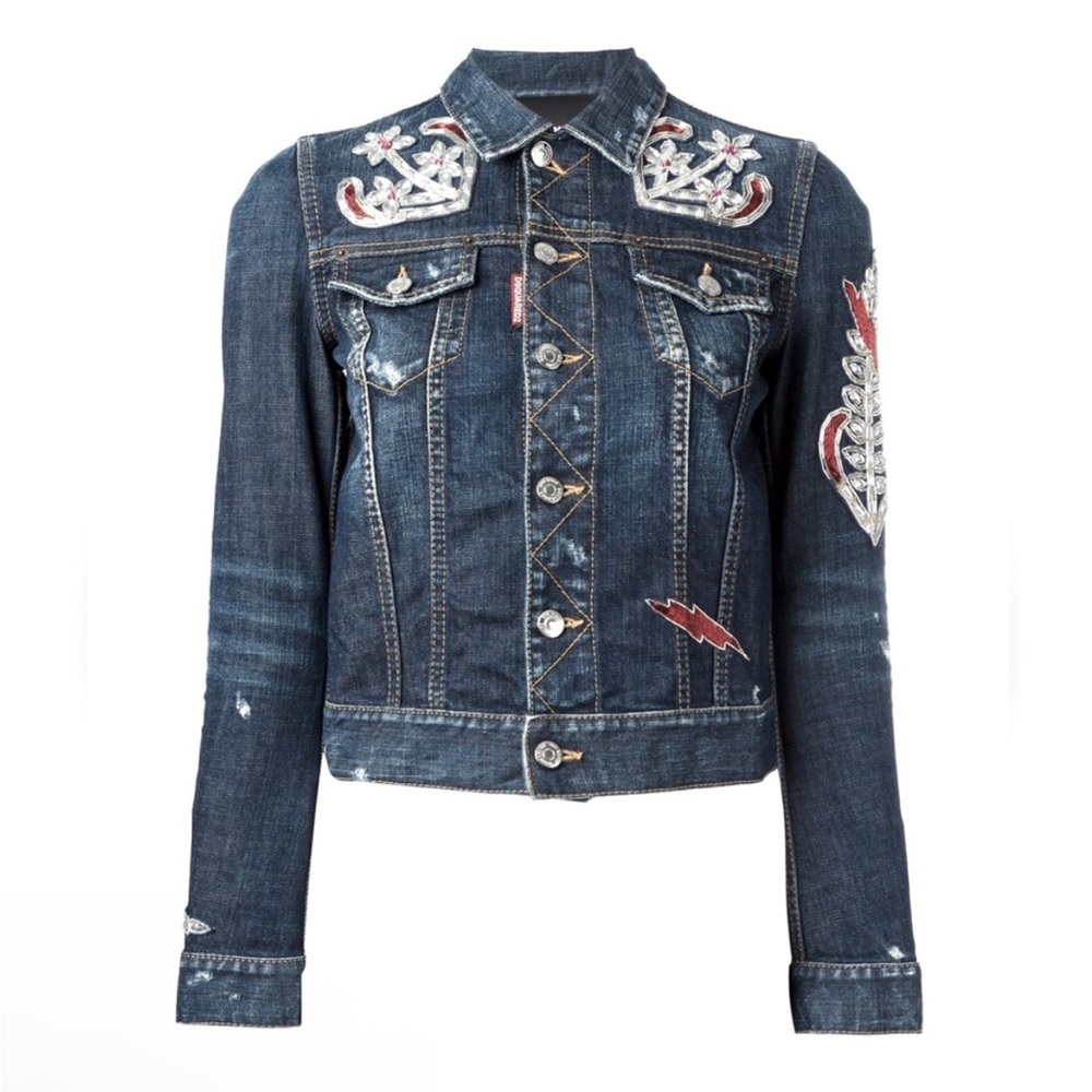 EUC: $1,695 DSQUARED2 Embellished Stretchy Blue Denim Jacket, Size IT 38 (XS-S)